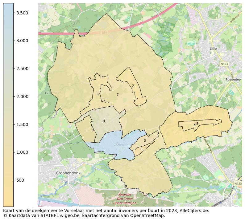 Aantal inwoners op de kaart van de deelgemeente Vorselaar: Op deze pagina vind je veel informatie over inwoners (zoals de verdeling naar leeftijdsgroepen, gezinssamenstelling, geslacht, autochtoon of Belgisch met een immigratie achtergrond,...), woningen (aantallen, types, prijs ontwikkeling, gebruik, type eigendom,...) en méér (autobezit, energieverbruik,...)  op basis van open data van STATBEL en diverse andere bronnen!