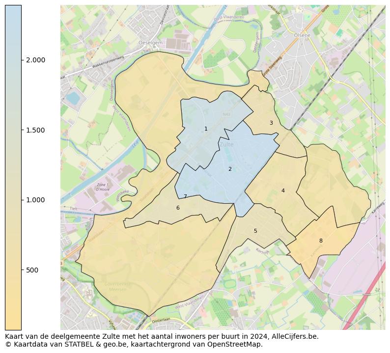 Aantal inwoners op de kaart van de deelgemeente Zulte: Op deze pagina vind je veel informatie over inwoners (zoals de verdeling naar leeftijdsgroepen, gezinssamenstelling, geslacht, autochtoon of Belgisch met een immigratie achtergrond,...), woningen (aantallen, types, prijs ontwikkeling, gebruik, type eigendom,...) en méér (autobezit, energieverbruik,...)  op basis van open data van STATBEL en diverse andere bronnen!