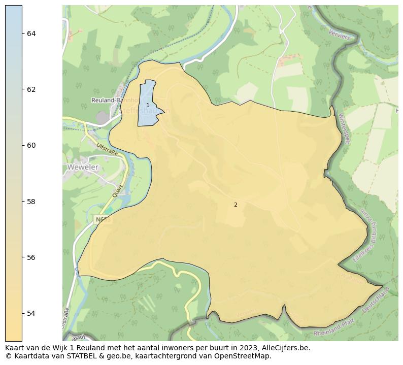 Aantal inwoners op de kaart van de Wijk 1 Reuland: Op deze pagina vind je veel informatie over inwoners (zoals de verdeling naar leeftijdsgroepen, gezinssamenstelling, geslacht, autochtoon of Belgisch met een immigratie achtergrond,...), woningen (aantallen, types, prijs ontwikkeling, gebruik, type eigendom,...) en méér (autobezit, energieverbruik,...)  op basis van open data van STATBEL en diverse andere bronnen!