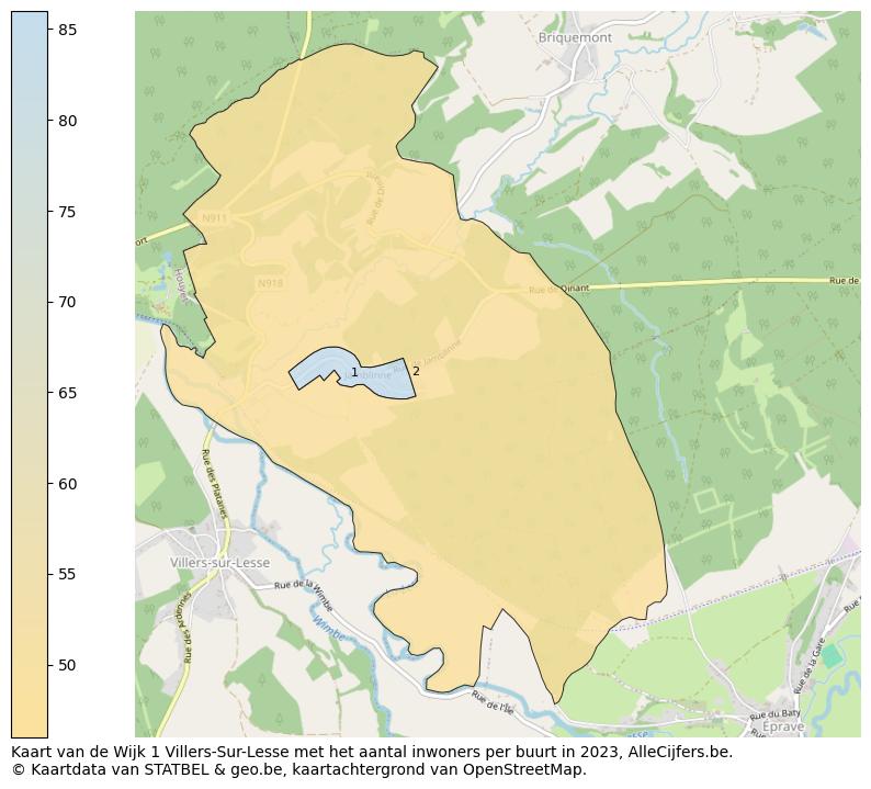 Aantal inwoners op de kaart van de Wijk 1 Villers-Sur-Lesse: Op deze pagina vind je veel informatie over inwoners (zoals de verdeling naar leeftijdsgroepen, gezinssamenstelling, geslacht, autochtoon of Belgisch met een immigratie achtergrond,...), woningen (aantallen, types, prijs ontwikkeling, gebruik, type eigendom,...) en méér (autobezit, energieverbruik,...)  op basis van open data van STATBEL en diverse andere bronnen!