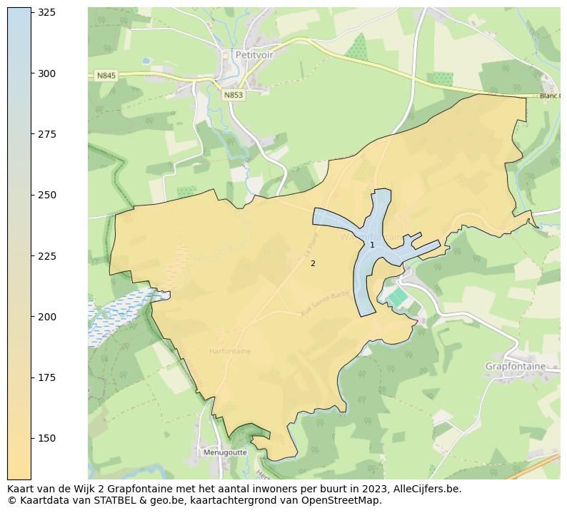 Aantal inwoners op de kaart van de Wijk 2 Grapfontaine: Op deze pagina vind je veel informatie over inwoners (zoals de verdeling naar leeftijdsgroepen, gezinssamenstelling, geslacht, autochtoon of Belgisch met een immigratie achtergrond,...), woningen (aantallen, types, prijs ontwikkeling, gebruik, type eigendom,...) en méér (autobezit, energieverbruik,...)  op basis van open data van STATBEL en diverse andere bronnen!
