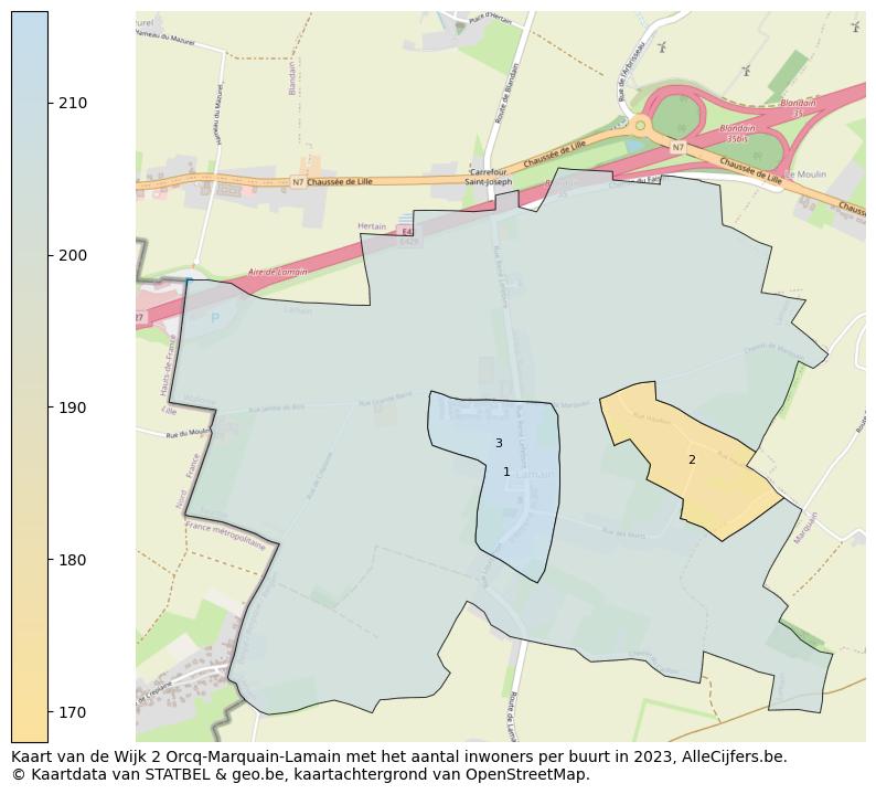 Aantal inwoners op de kaart van de Wijk 2 Orcq-Marquain-Lamain: Op deze pagina vind je veel informatie over inwoners (zoals de verdeling naar leeftijdsgroepen, gezinssamenstelling, geslacht, autochtoon of Belgisch met een immigratie achtergrond,...), woningen (aantallen, types, prijs ontwikkeling, gebruik, type eigendom,...) en méér (autobezit, energieverbruik,...)  op basis van open data van STATBEL en diverse andere bronnen!