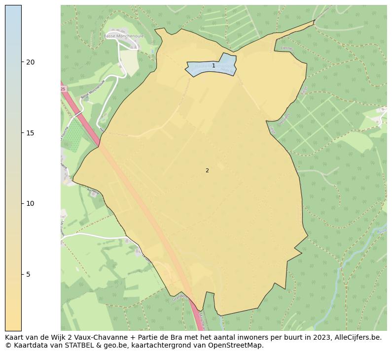 Aantal inwoners op de kaart van de Wijk 2 Vaux-Chavanne + Partie de Bra: Op deze pagina vind je veel informatie over inwoners (zoals de verdeling naar leeftijdsgroepen, gezinssamenstelling, geslacht, autochtoon of Belgisch met een immigratie achtergrond,...), woningen (aantallen, types, prijs ontwikkeling, gebruik, type eigendom,...) en méér (autobezit, energieverbruik,...)  op basis van open data van STATBEL en diverse andere bronnen!