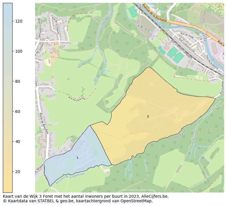 Aantal inwoners op de kaart van de Wijk 3 Foret: Op deze pagina vind je veel informatie over inwoners (zoals de verdeling naar leeftijdsgroepen, gezinssamenstelling, geslacht, autochtoon of Belgisch met een immigratie achtergrond,...), woningen (aantallen, types, prijs ontwikkeling, gebruik, type eigendom,...) en méér (autobezit, energieverbruik,...)  op basis van open data van STATBEL en diverse andere bronnen!