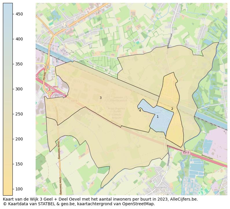 Aantal inwoners op de kaart van de Wijk 3 Geel + Deel Oevel: Op deze pagina vind je veel informatie over inwoners (zoals de verdeling naar leeftijdsgroepen, gezinssamenstelling, geslacht, autochtoon of Belgisch met een immigratie achtergrond,...), woningen (aantallen, types, prijs ontwikkeling, gebruik, type eigendom,...) en méér (autobezit, energieverbruik,...)  op basis van open data van STATBEL en diverse andere bronnen!