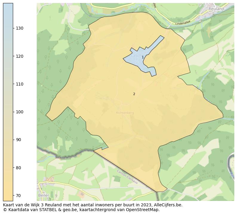 Aantal inwoners op de kaart van de Wijk 3 Reuland: Op deze pagina vind je veel informatie over inwoners (zoals de verdeling naar leeftijdsgroepen, gezinssamenstelling, geslacht, autochtoon of Belgisch met een immigratie achtergrond,...), woningen (aantallen, types, prijs ontwikkeling, gebruik, type eigendom,...) en méér (autobezit, energieverbruik,...)  op basis van open data van STATBEL en diverse andere bronnen!