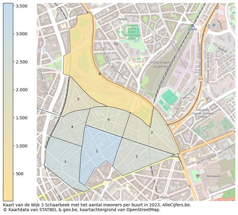 Aantal inwoners op de kaart van de Wijk 3 Schaarbeek: Op deze pagina vind je veel informatie over inwoners (zoals de verdeling naar leeftijdsgroepen, gezinssamenstelling, geslacht, autochtoon of Belgisch met een immigratie achtergrond,...), woningen (aantallen, types, prijs ontwikkeling, gebruik, type eigendom,...) en méér (autobezit, energieverbruik,...)  op basis van open data van STATBEL en diverse andere bronnen!