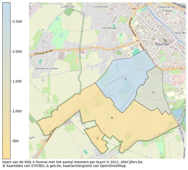 Aantal inwoners op de kaart van de Wijk 4 Tournai: Op deze pagina vind je veel informatie over inwoners (zoals de verdeling naar leeftijdsgroepen, gezinssamenstelling, geslacht, autochtoon of Belgisch met een immigratie achtergrond,...), woningen (aantallen, types, prijs ontwikkeling, gebruik, type eigendom,...) en méér (autobezit, energieverbruik,...)  op basis van open data van STATBEL en diverse andere bronnen!