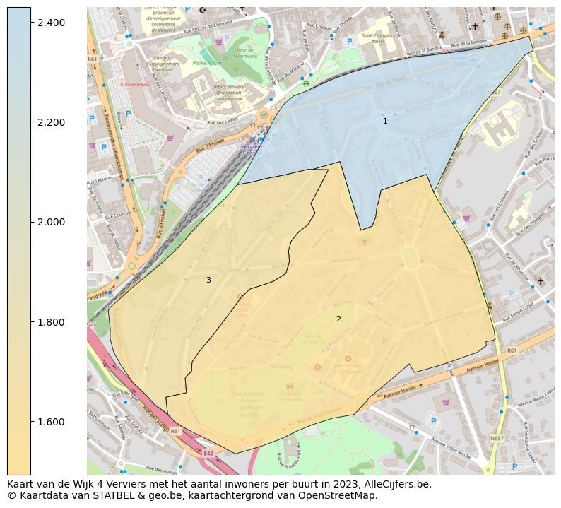 Aantal inwoners op de kaart van de Wijk 4 Verviers: Op deze pagina vind je veel informatie over inwoners (zoals de verdeling naar leeftijdsgroepen, gezinssamenstelling, geslacht, autochtoon of Belgisch met een immigratie achtergrond,...), woningen (aantallen, types, prijs ontwikkeling, gebruik, type eigendom,...) en méér (autobezit, energieverbruik,...)  op basis van open data van STATBEL en diverse andere bronnen!